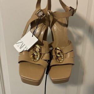 Zara Beige Heels with Gold Chain Detail